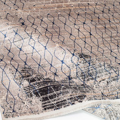 Stark cotton Rug in 200x300 cms with a distressed ivory base, taupe texture, and navy geometric lattice design, perfect for contemporary living spaces.