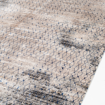 Stark cotton Rug in 200x300 cms with a distressed ivory base, taupe texture, and navy geometric lattice design, perfect for contemporary living spaces.
