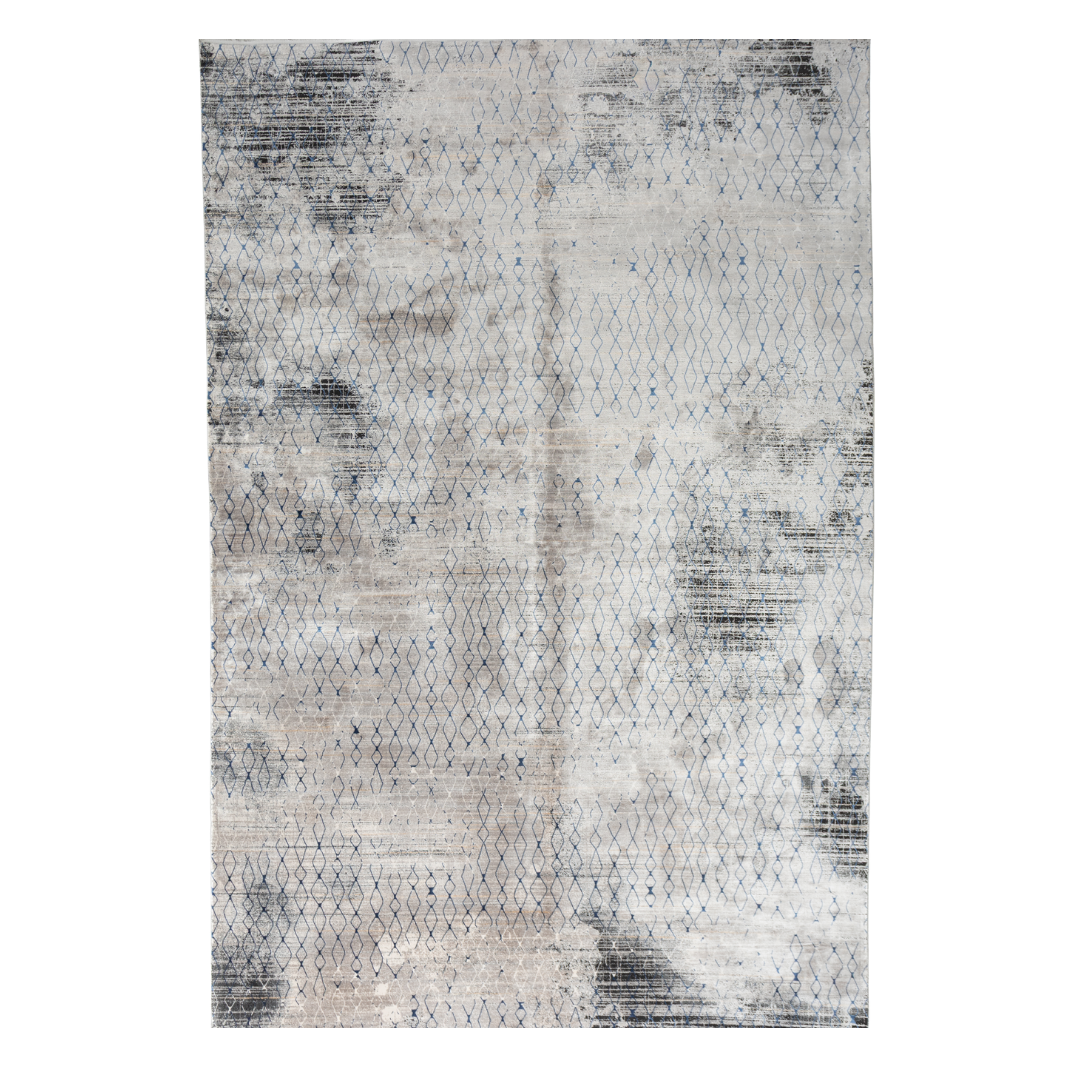 Stark cotton Rug in 200x300 cms with a distressed ivory base, taupe texture, and navy geometric lattice design, perfect for contemporary living spaces.