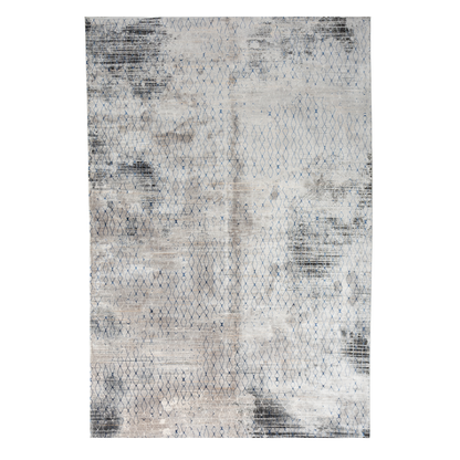 Stark cotton Rug in 200x300 cms with a distressed ivory base, taupe texture, and navy geometric lattice design, perfect for contemporary living spaces.