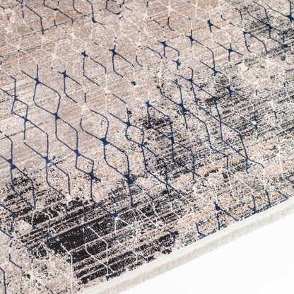 Stark cotton Rug in 200x300 cms with a distressed ivory base, taupe texture, and navy geometric lattice design, perfect for contemporary living spaces.