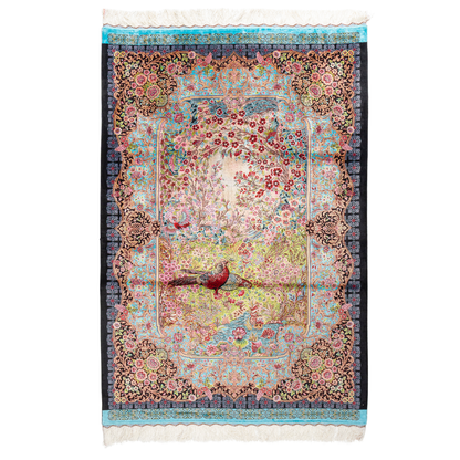 Tapin Silk Rug featuring nature-inspired artwork with birds, flowers, and flowing water on an ivory base with turquoise and black borders, 150x100 cm.