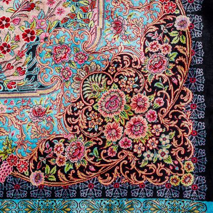 Tapin Silk Rug featuring nature-inspired artwork with birds, flowers, and flowing water on an ivory base with turquoise and black borders, 150x100 cm.