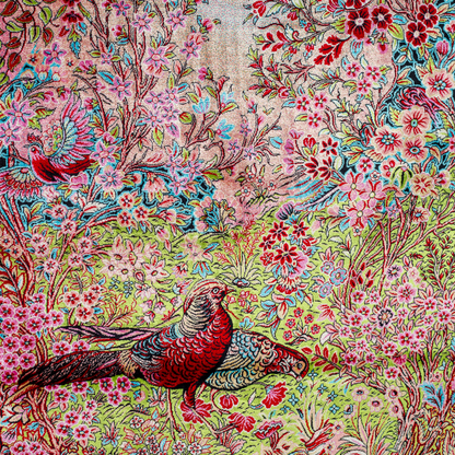 Tapin Silk Rug featuring nature-inspired artwork with birds, flowers, and flowing water on an ivory base with turquoise and black borders, 150x100 cm.