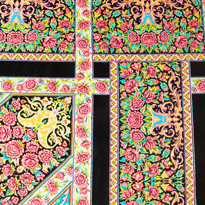 200x300 cm black silk rug with vivid pink rose motifs, turquoise borders, and central medallion. Intricate hand-knotted floral design.