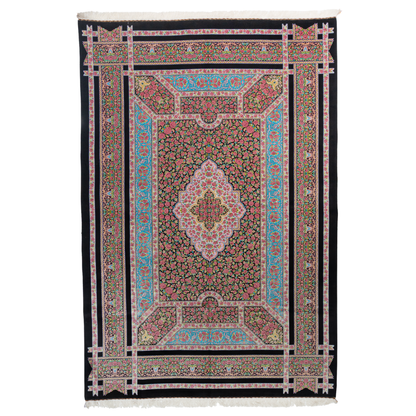 200x300 cm black silk rug with vivid pink rose motifs, turquoise borders, and central medallion. Intricate hand-knotted floral design.