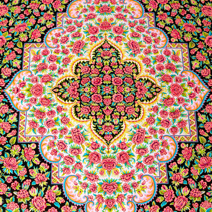 200x300 cm black silk rug with vivid pink rose motifs, turquoise borders, and central medallion. Intricate hand-knotted floral design.