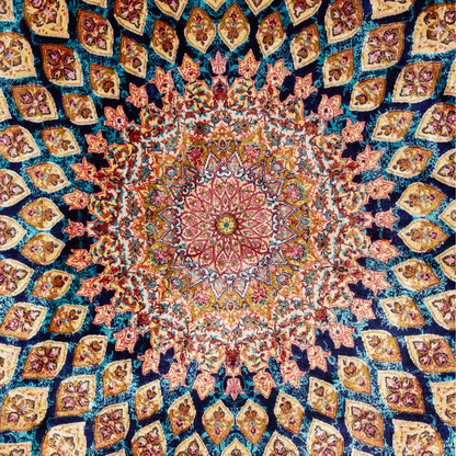 Tobe silk rug featuring a medallion and floral design in navy, ruby, teal, and ivory. Size: 150x100 cms.