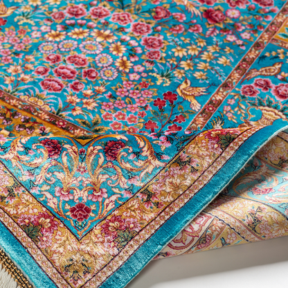 Tolly Silk Rug featuring ruby red floral and bird motifs on an aqua-blue base with golden ornate panels, size 150x100 cm.