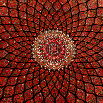 Detailed view of the Val silk rug in 200x300 cms featuring a red medallion pattern with floral motifs and intricate border work.