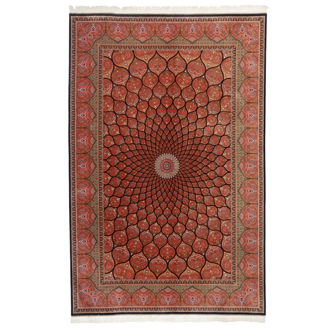 Detailed view of the Val silk rug in 200x300 cms featuring a red medallion pattern with floral motifs and intricate border work.