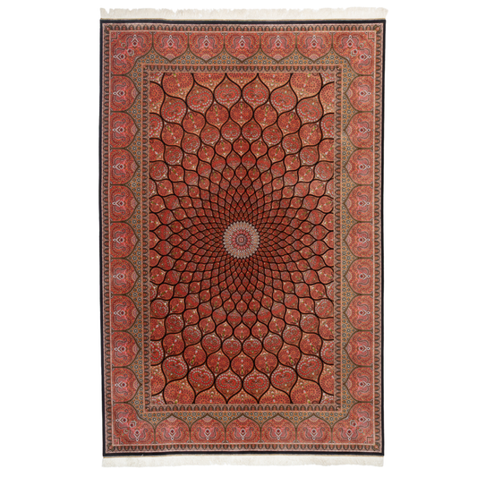 Detailed view of the Val silk rug in 200x300 cms featuring a red medallion pattern with floral motifs and intricate border work.