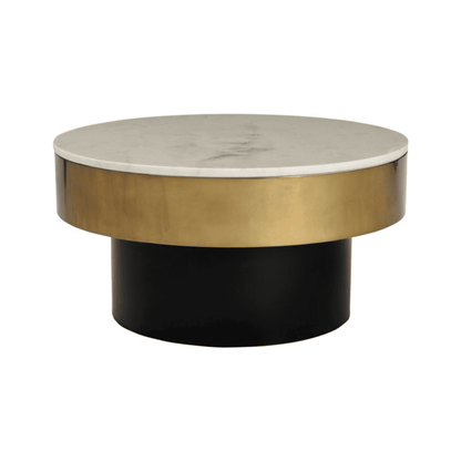 Vale Coffee Table with a luxurious white marble top, gold accent, and black cylindrical base. A modern statement piece for living spaces.
