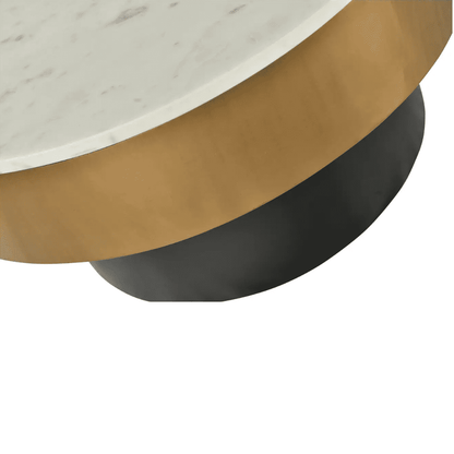Vale Coffee Table with a luxurious white marble top, gold accent, and black cylindrical base. A modern statement piece for living spaces.
