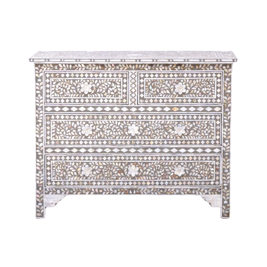 Exquisite handcrafted gray mother of pearl inlay chest of drawers with floral patterns and intricate detailing.
