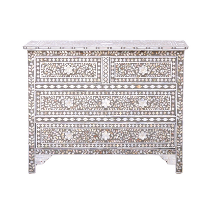 Exquisite handcrafted gray mother of pearl inlay chest of drawers with floral patterns and intricate detailing.
