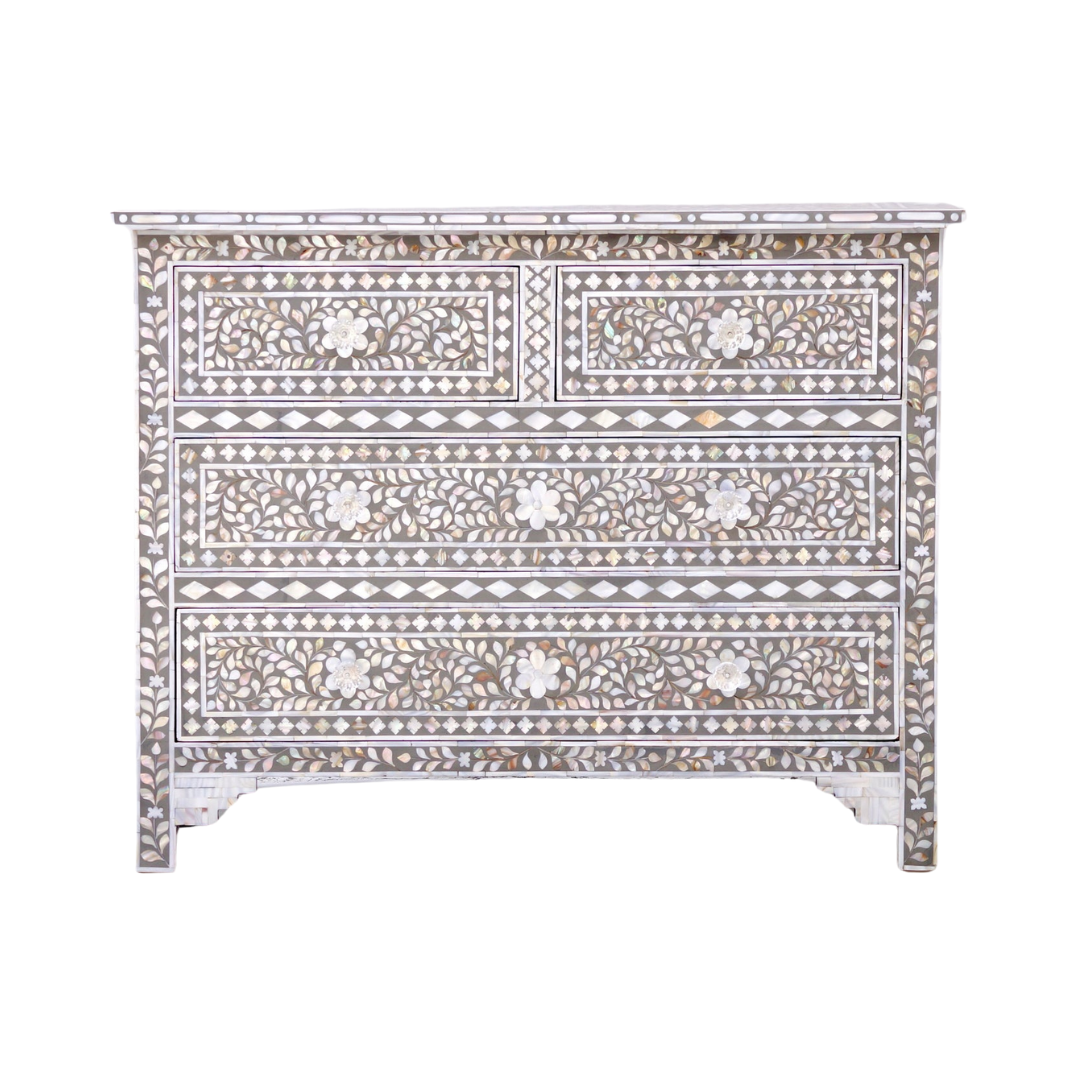 Exquisite handcrafted gray mother of pearl inlay chest of drawers with floral patterns and intricate detailing.
