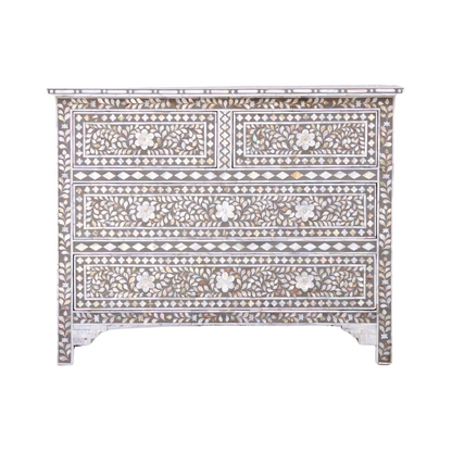 Exquisite handcrafted gray mother of pearl inlay chest of drawers with floral patterns and intricate detailing.
