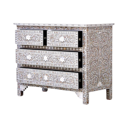 Exquisite handcrafted gray mother of pearl inlay chest of drawers with floral patterns and intricate detailing.
