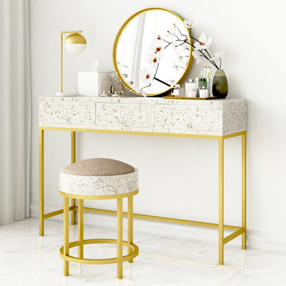 Elegant white mother of pearl inlay dresser console with matching stool and gold