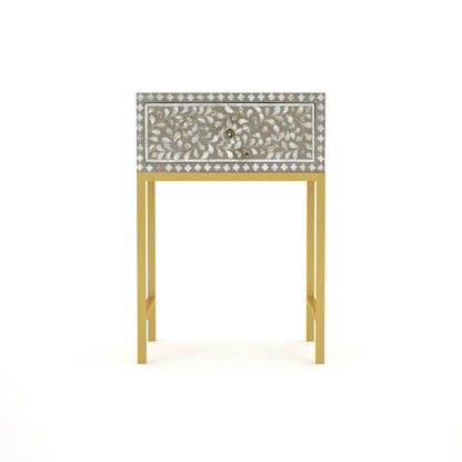 Grey mother of pearl inlay side drawer with gold base, crafted in floral design