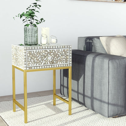 Grey mother of pearl inlay side drawer with gold base, crafted in floral design