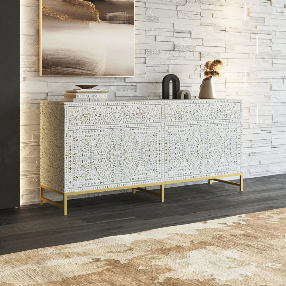 Vero Sideboard – white mother of pearl inlay, handcrafted furniture, by Arkrn Homes