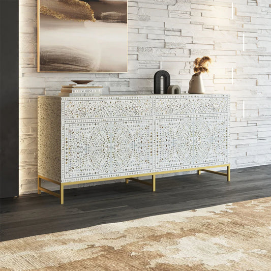Vero Sideboard – white mother of pearl inlay, handcrafted furniture, by Arkrn Homes
