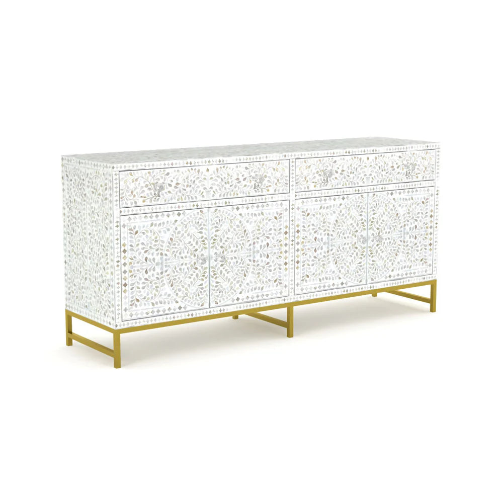 Vero Sideboard – white mother of pearl inlay, handcrafted furniture, by Arkrn Homes