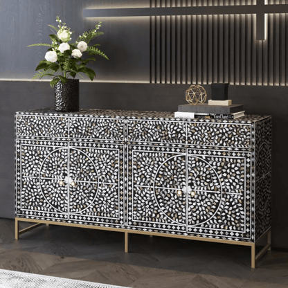 Vero Cabinet in Black and White Floral Mother of Pearl Sideboard by Arkrn Homes