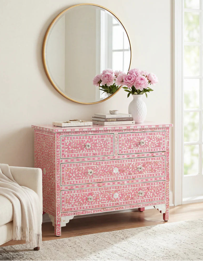 Arkrn homes pink mother of pearl chest of drawers UK 