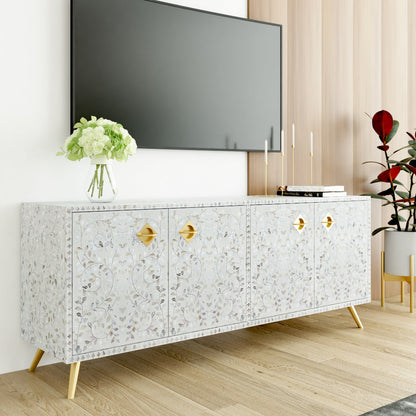 Vero TV Unit Cabinet in white mother of pearl inlay by Arkrn Homes