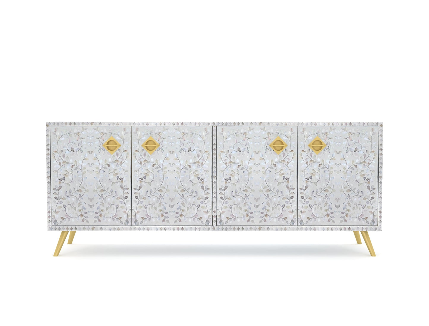Vero TV Unit Cabinet in white mother of pearl inlay by Arkrn Homes
