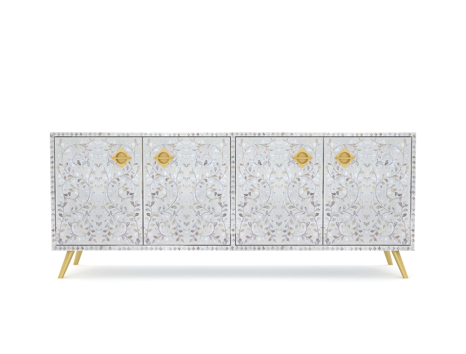 Vero TV Unit Cabinet in white mother of pearl inlay by Arkrn Homes