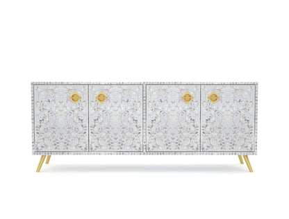 Vero TV Unit Cabinet in white mother of pearl inlay by Arkrn Homes