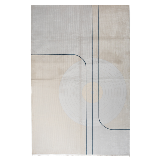 Victor cotton Rug in 200x300 cm featuring beige and ivory tones with minimal blue line and circle design, made from soft silk blend.
