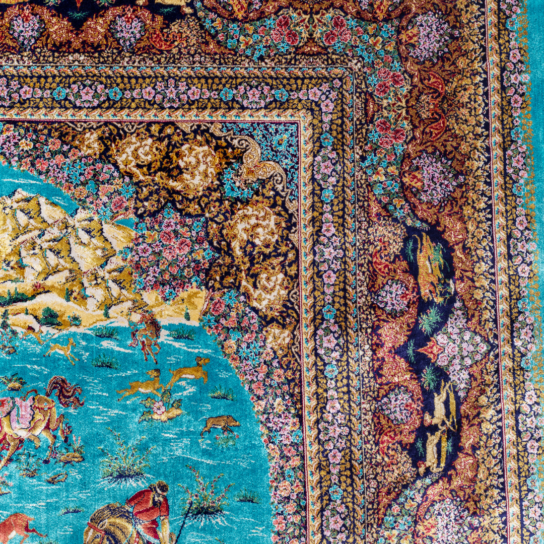 Turquoise silk rug with intricate horses and floral border details, handcrafted in fine silk.
