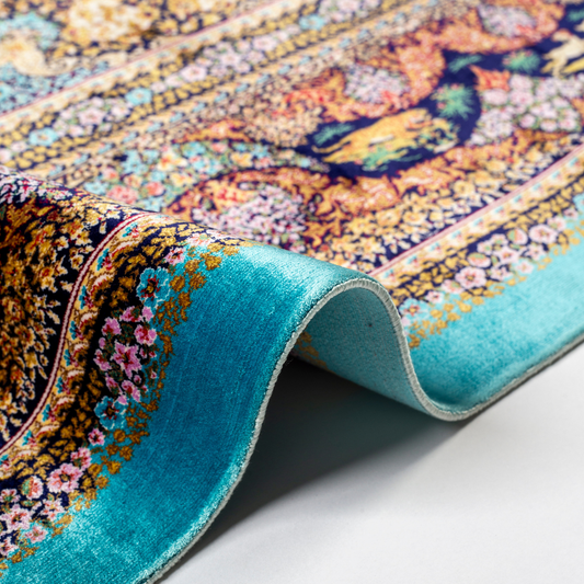 Turquoise silk rug with intricate horses and floral border details, handcrafted in fine silk.
