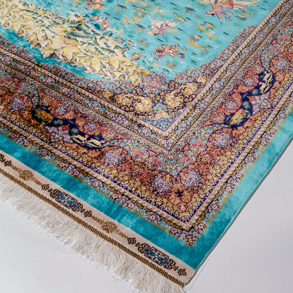 Turquoise silk rug with intricate horses and floral border details, handcrafted in fine silk.

