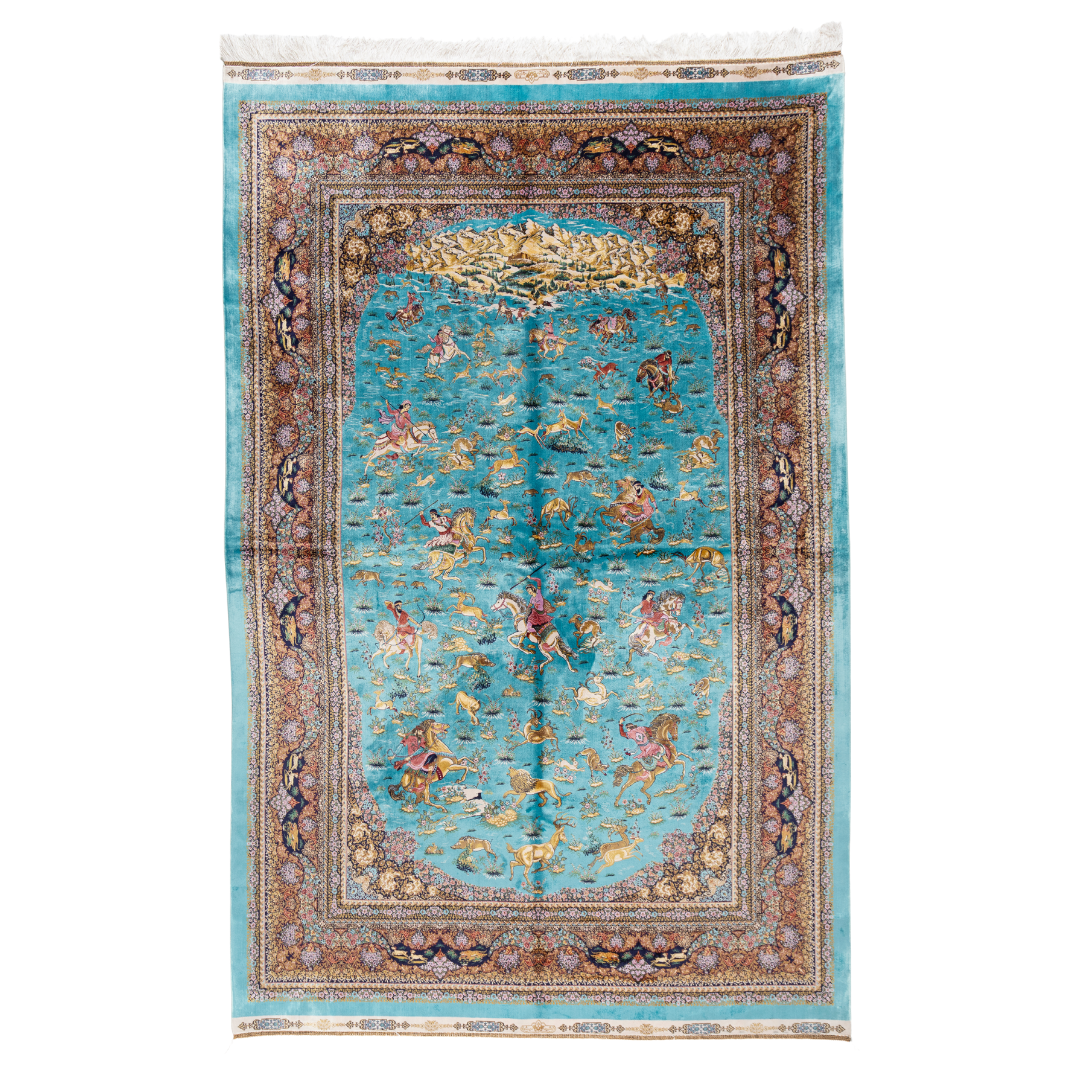 Turquoise silk rug with intricate horses and floral border details, handcrafted in fine silk.
