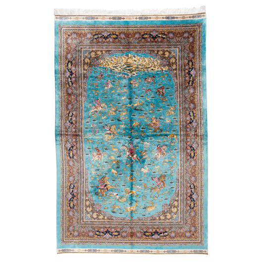 Turquoise silk rug with intricate horses and floral border details, handcrafted in fine silk.
