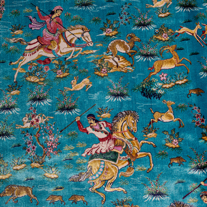 Turquoise silk rug with intricate horses and floral border details, handcrafted in fine silk.


