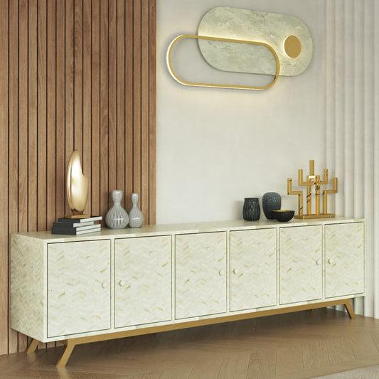 Visar TV Unit in White Bone inlay by Arkrn Homes
