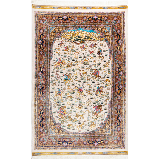 Silk rug with an ivory base, colorful warriors scene, and a detailed border in plum, gold, teal, and indigo floral patterns.