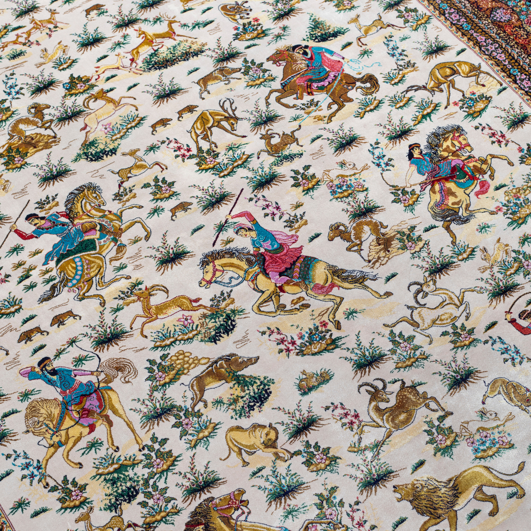 Silk rug with an ivory base, colorful warriors scene, and a detailed border in plum, gold, teal, and indigo floral patterns.