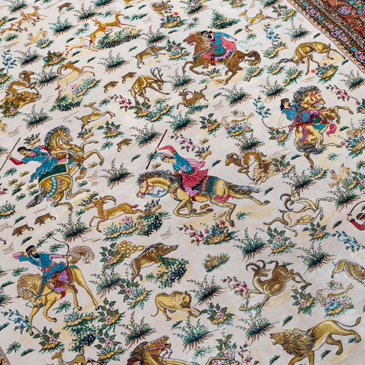 Silk rug with an ivory base, colorful warriors scene, and a detailed border in plum, gold, teal, and indigo floral patterns.