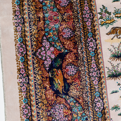 Silk rug with an ivory base, colorful warriors scene, and a detailed border in plum, gold, teal, and indigo floral patterns.