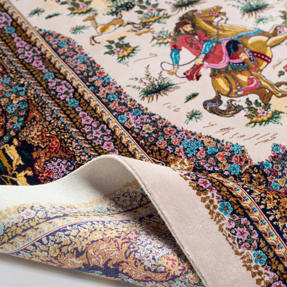 Silk rug with an ivory base, colorful warriors scene, and a detailed border in plum, gold, teal, and indigo floral patterns.