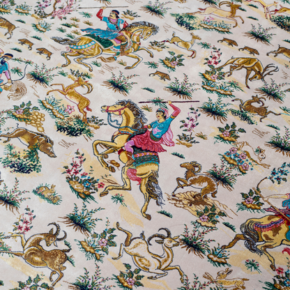 Silk rug with an ivory base, colorful warriors scene, and a detailed border in plum, gold, teal, and indigo floral patterns.