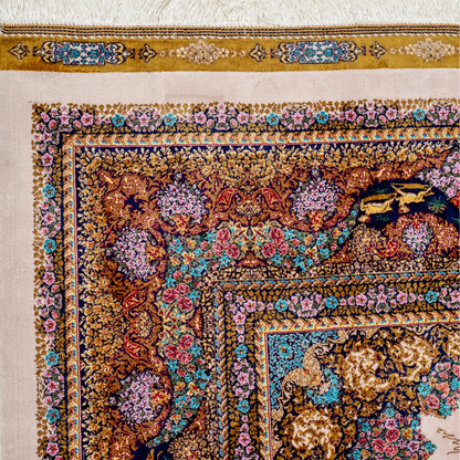 Silk rug with an ivory base, colorful warriors scene, and a detailed border in plum, gold, teal, and indigo floral patterns.